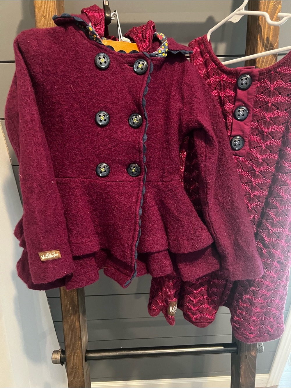 Matilda Jane Girls' Double-Breasted Peplum Coat in Berry Plum and matching dress